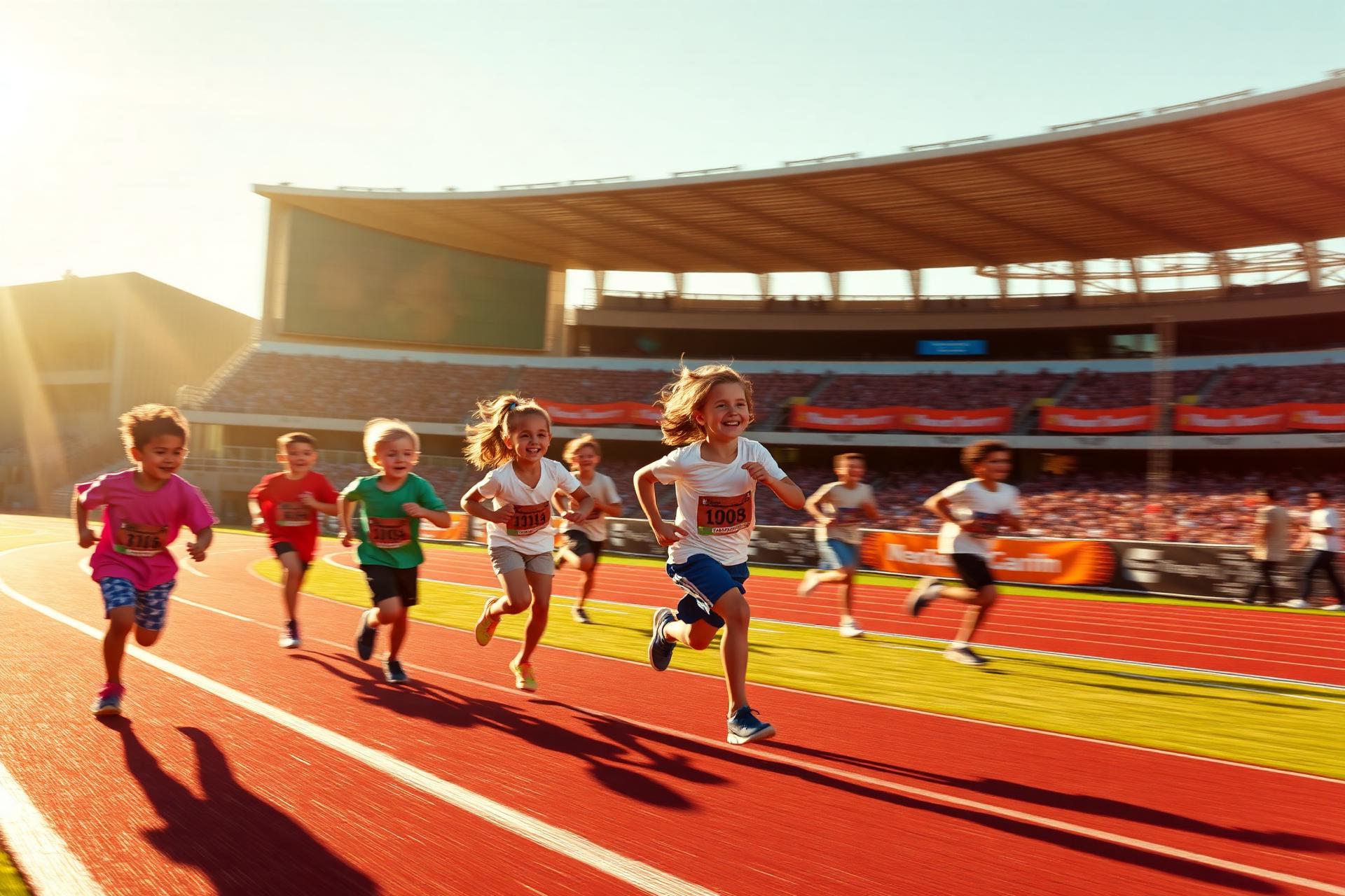 Children running at a stadium